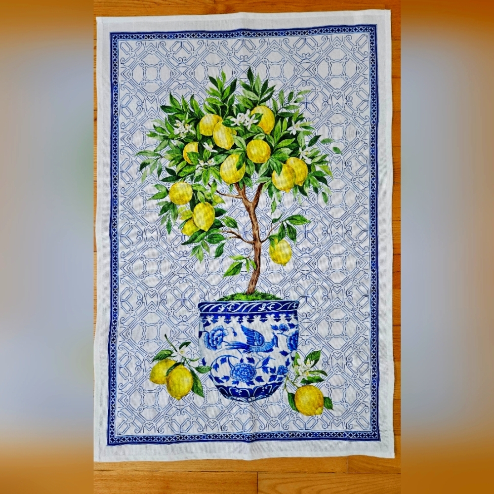 Lemon Topiary with Blue Pot Tea Towel
